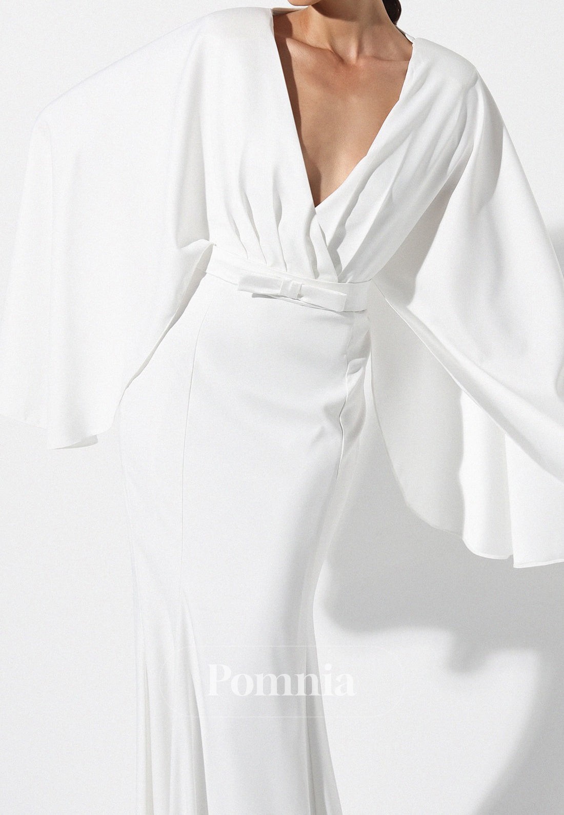 White Long Sleeves V-Neck Empire Waist Evening Dress