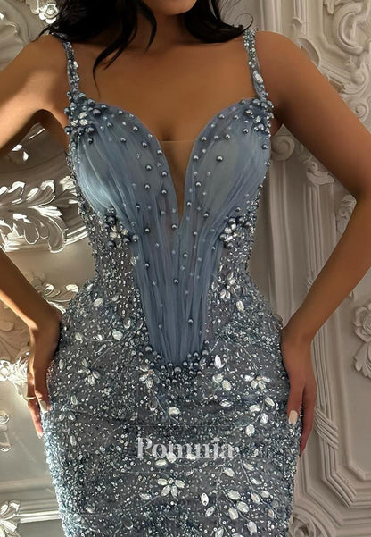 Sky Blue Spaghetti Straps Sweetheart Appliques Evening Dress
