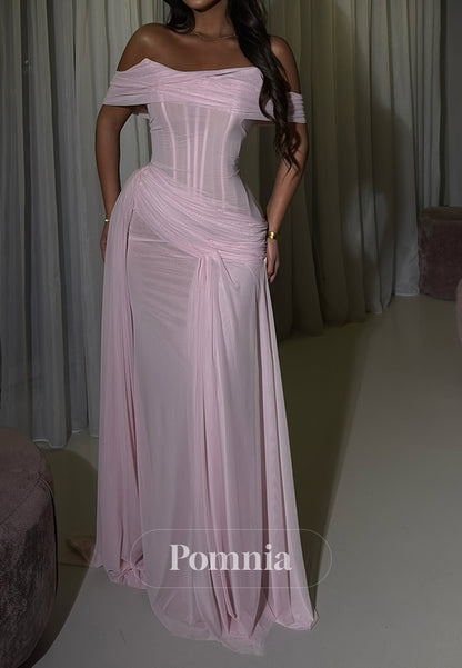Blushing Pink Off-Shoulder Sleeveless Corset Tulle Prom Dress