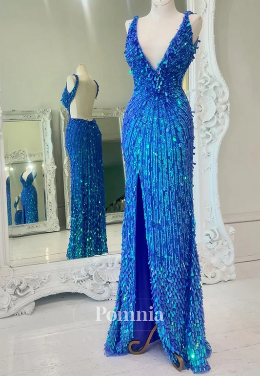 Blue Jay SPaghetti Straps V-Neck Sequins Slit Prom Dress