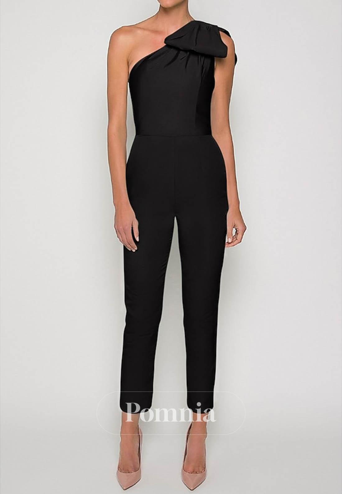 Simple One Shoulder Sleeveless Jumpsuit Satin Evening Dress