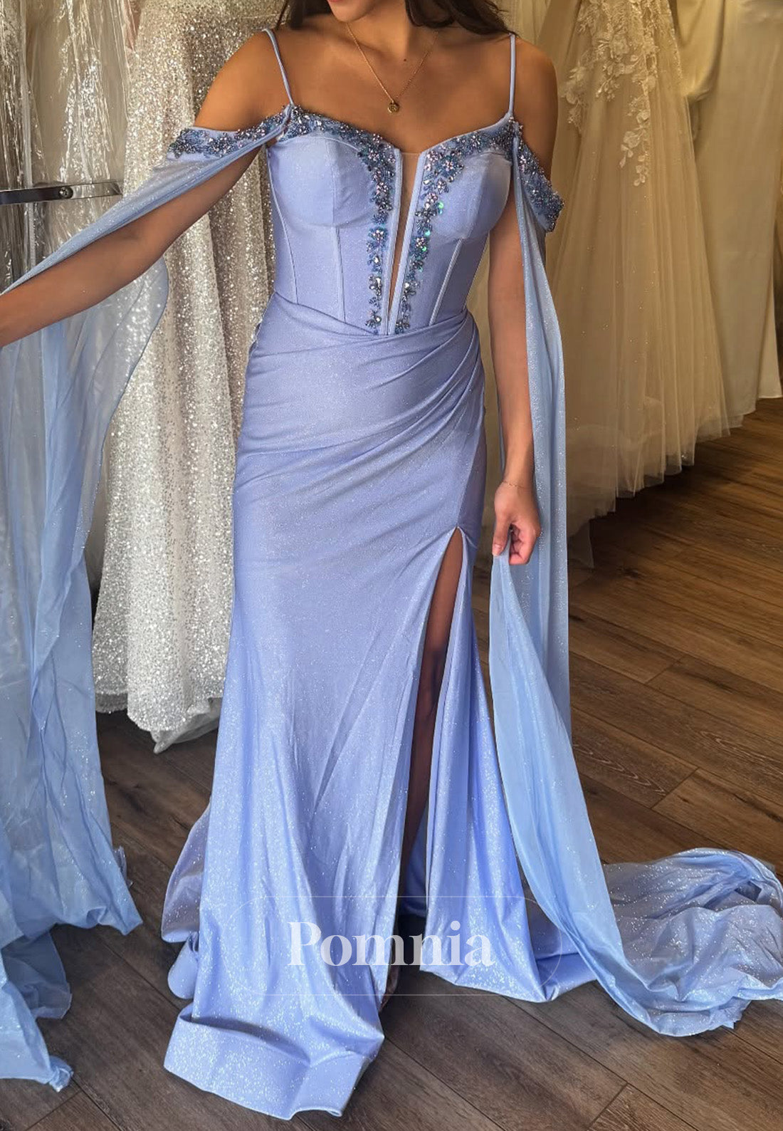 Lavender Spaghetti Straps Sweetheart Slit Sequins Prom Dress