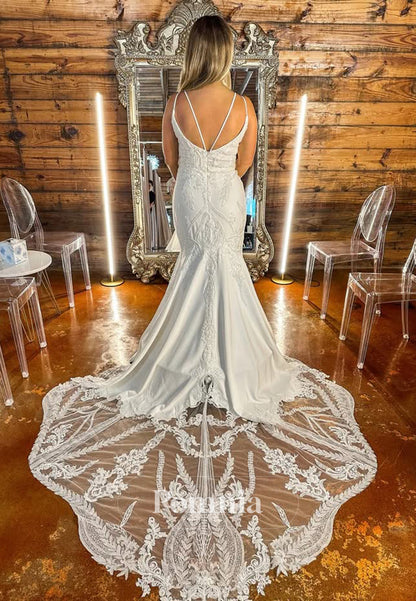 Elegant Spaghetti Straps V-Neck Sweep Train Wedding Dress