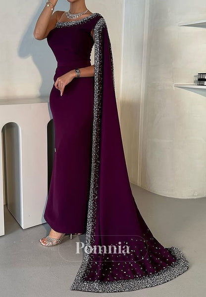 One Shoulder Sequins A-Line Satin Evening Dress