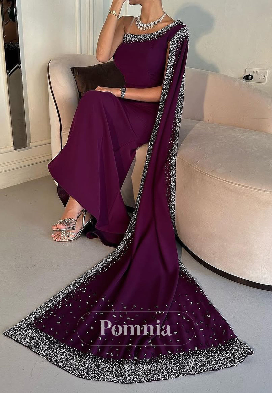 One Shoulder Sequins A-Line Satin Evening Dress