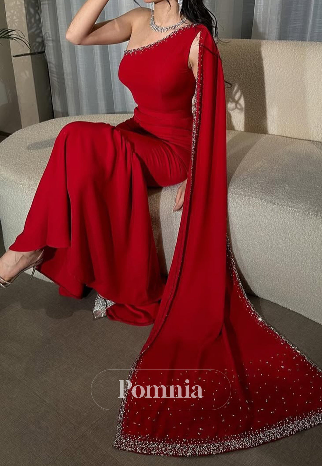 One Shoulder Sequins A-Line Satin Evening Dress