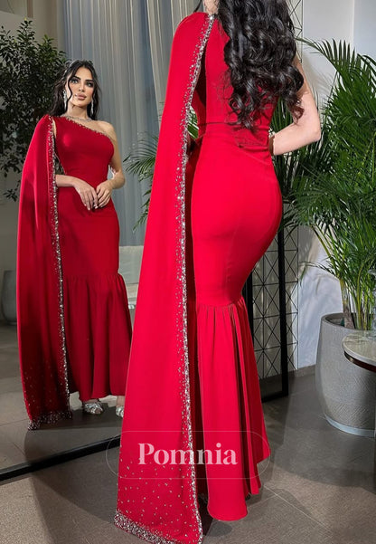 One Shoulder Sequins A-Line Satin Evening Dress