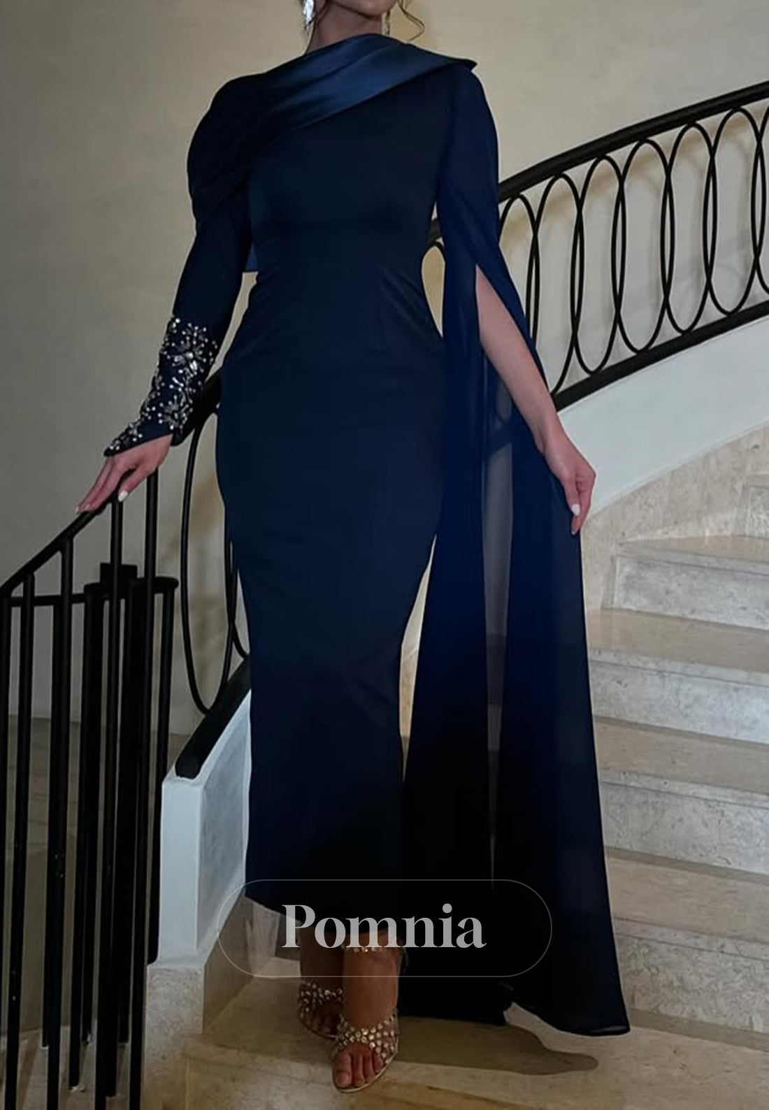 Dark Navy Long Sleeves Scoop Sequins Satin Evening Dress