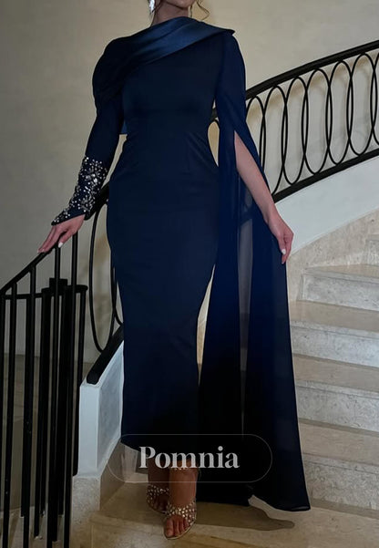 Dark Navy Long Sleeves Scoop Sequins Satin Evening Dress