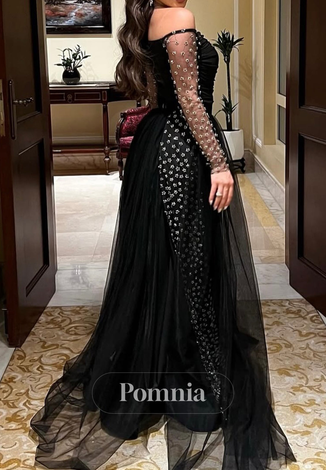 Black Long Sleeves Off-Shoulder Sequins A-Line Evening Dress