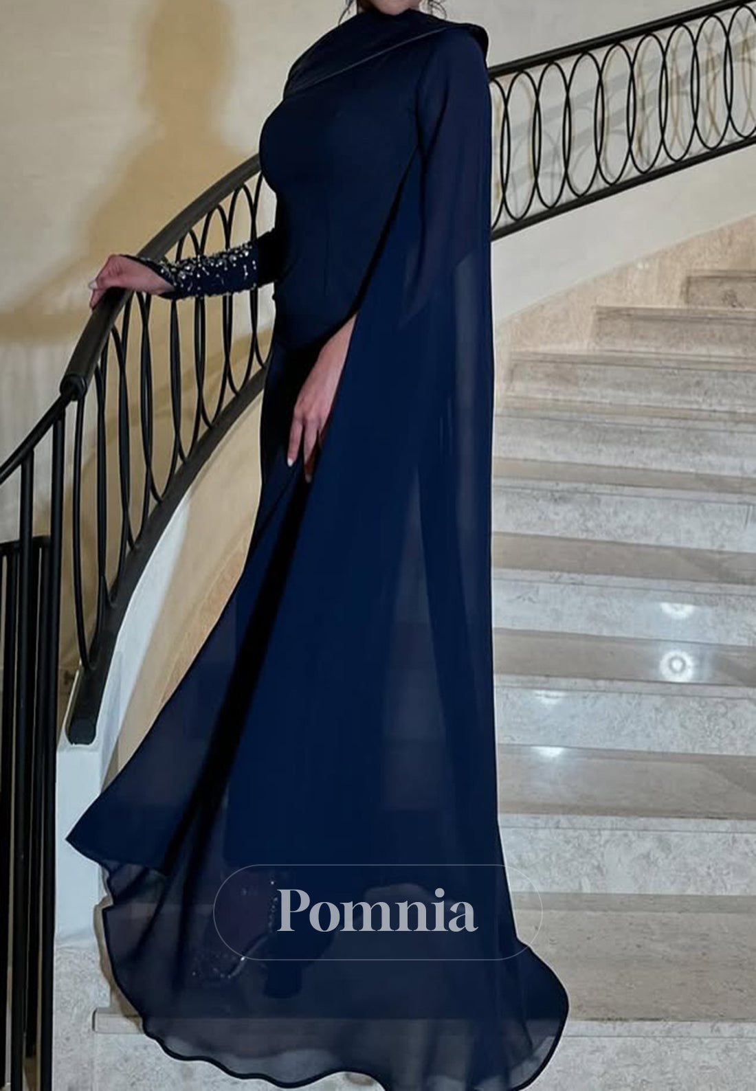 Dark Navy Long Sleeves Scoop Sequins Satin Evening Dress
