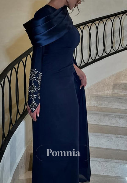 Dark Navy Long Sleeves Scoop Sequins Satin Evening Dress