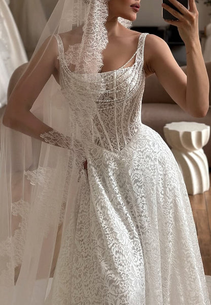 Regular Straps Square Neck Lace A-Line Empire Wedding Dresses with Pearls