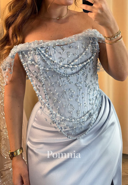 Sky Blue Sleeveless Strapless Pearls Slit Prom Dress