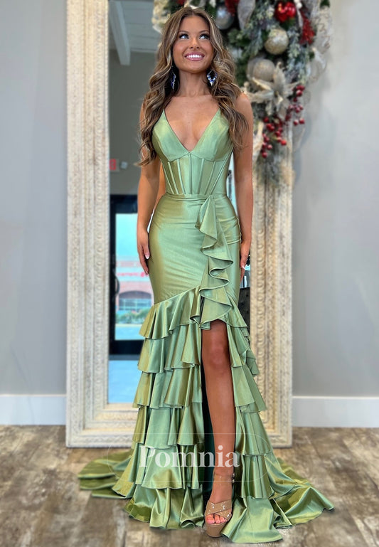 Spaghetti Straps V-Neck Prom Dress with Slit Evening Party Dress