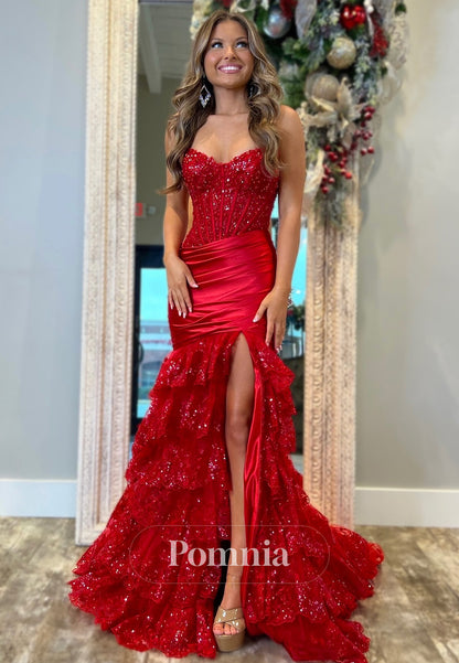 Charming Sleeveless Strapless Prom Dress with Slit Ruffles Evening Party Dress