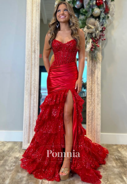 Charming Sleeveless Strapless Prom Dress with Slit Ruffles Evening Party Dress