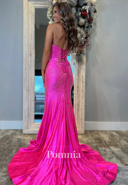 Strapless Sleeveless Prom Dress with Slit Sequins Evening Party Dress
