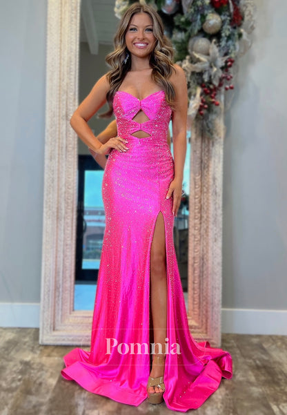 Strapless Sleeveless Prom Dress with Slit Sequins Evening Party Dress