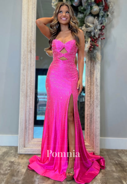 Strapless Sleeveless Prom Dress with Slit Sequins Evening Party Dress
