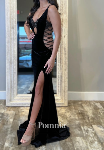 Black Spaghetti Straps V-Neck Slit Prom Dress