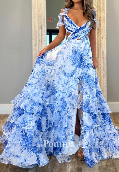 Blue Spaghetti Straps V-Neck Ruffles Prom Dress