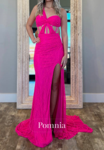 Fuchsia One Shoulder Sleeveless Slit Prom Dress