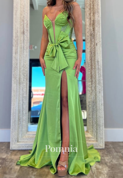 Simple A-Line Sleeveless Strapless Slit Bowknot Prom Dress