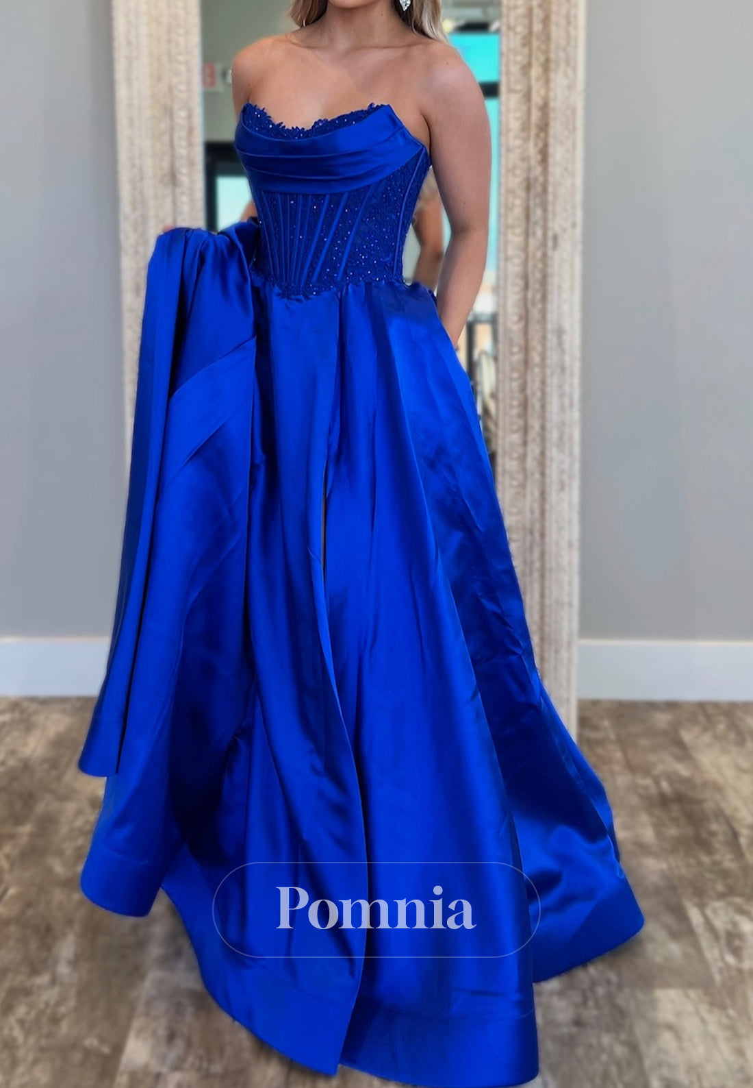 Royal Blue Sleeveless Strapless Empire-Waist Prom Dress