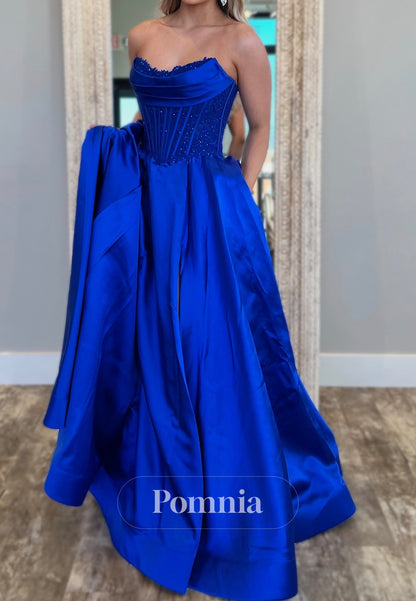 Royal Blue Sleeveless Strapless Empire-Waist Prom Dress