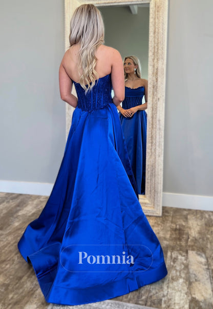 Royal Blue Sleeveless Strapless Empire-Waist Prom Dress