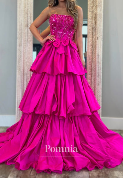 Fuchsia A-Line Strapless Sleeveelss Bowknot Prom Dress
