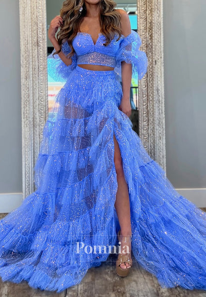 Charming A-Line Off-Shoulder Short Sleeves Slit Prom Dress