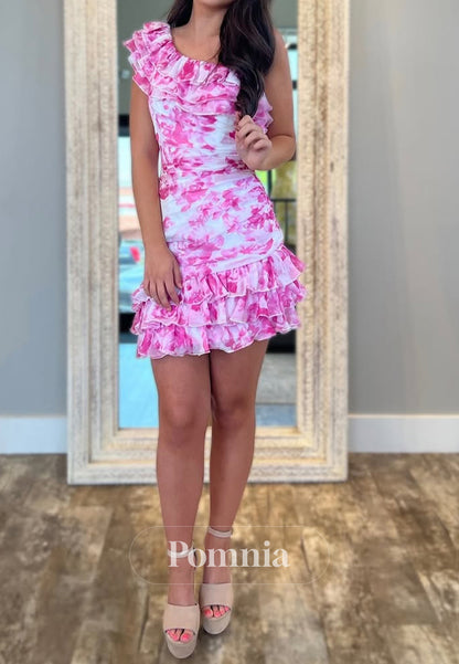 One Shoulder Sleeveless Printed Mini Homecoming Dress