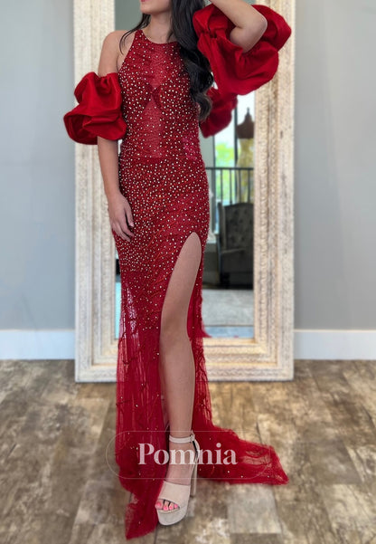Red Halter Sleeveless Sequins Slit Backless Prom Dress