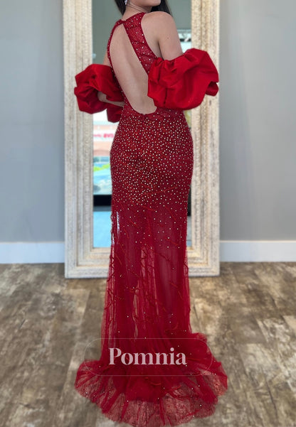 Red Halter Sleeveless Sequins Slit Backless Prom Dress
