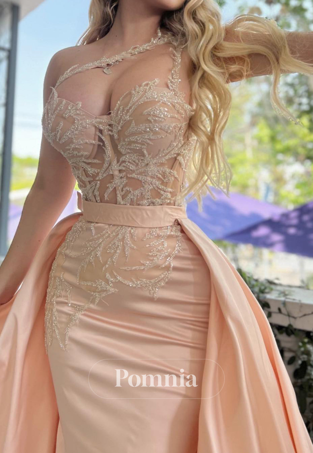 Rose Petal One Shoulder Sleeveless Appliques Prom Dress