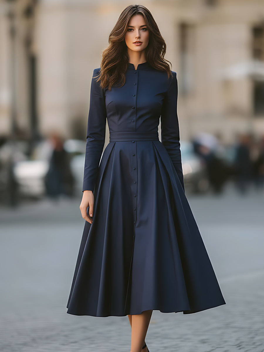 Midnight Navy Button-Down Midi Dress With Structured Silhouette