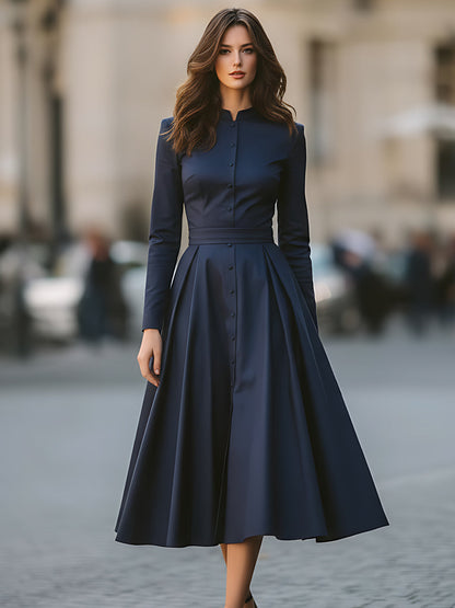 Midnight Navy Button-Down Midi Dress With Structured Silhouette