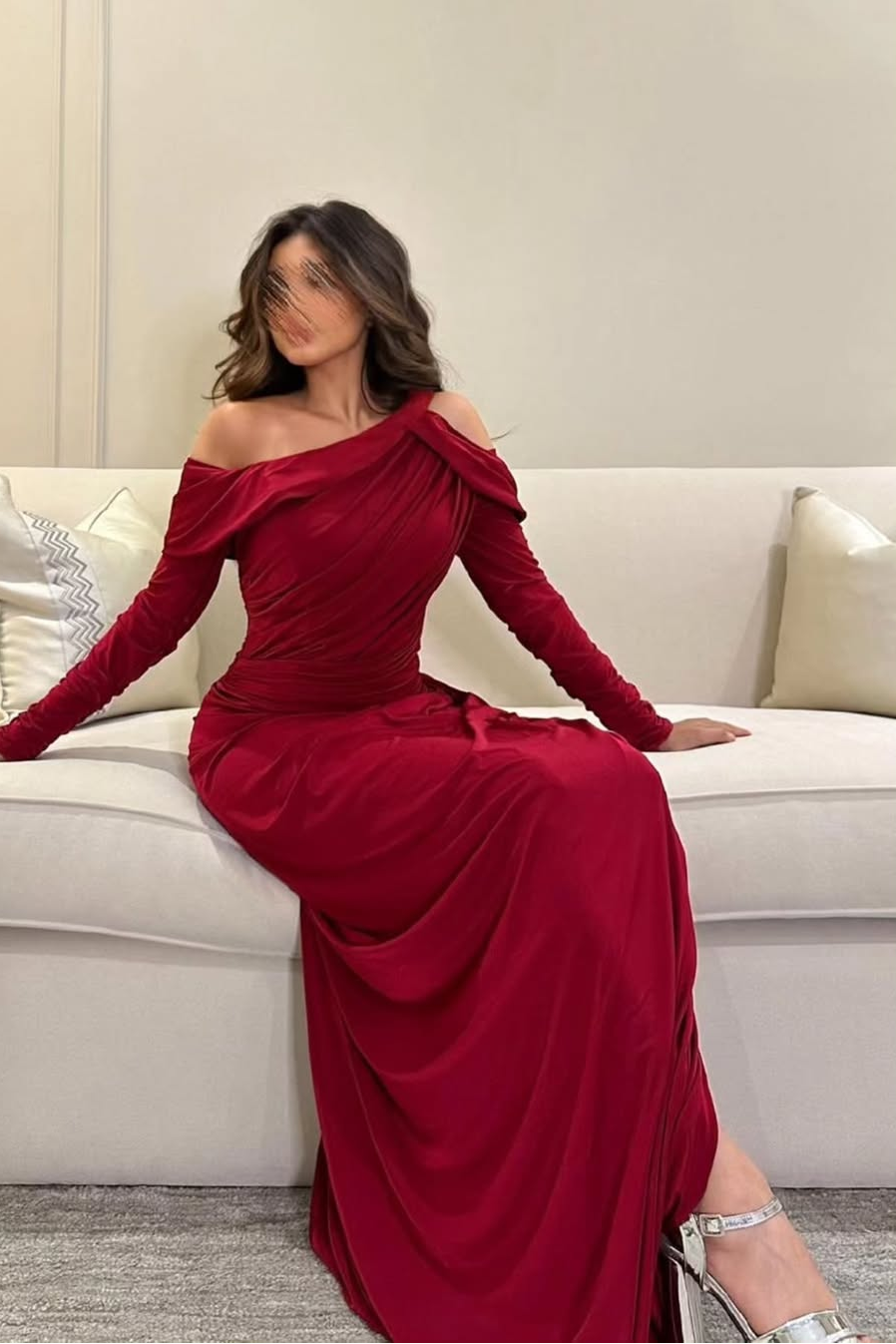 Off the Shoulder Long Sleeves Split Long Prom Dress With Pleated