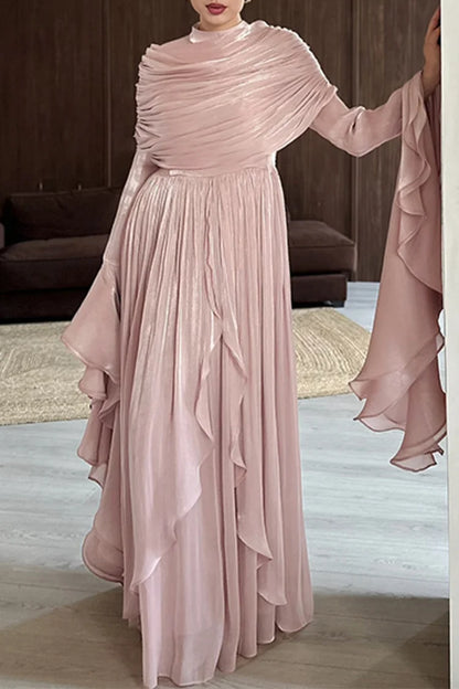 Draped Shoulder Pleated Slit Ruffled Trim Bell Sleeve Maxi Dress