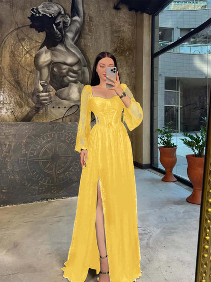 Lantern Long Sleeves Long A-Line Pleated Prom Dress With Split And Corset