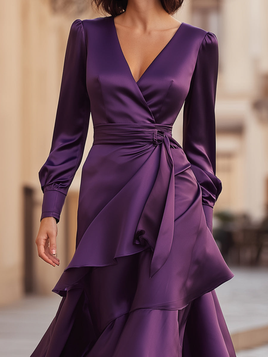 Deep Purple Satin Wrap Dress With Layered Hem