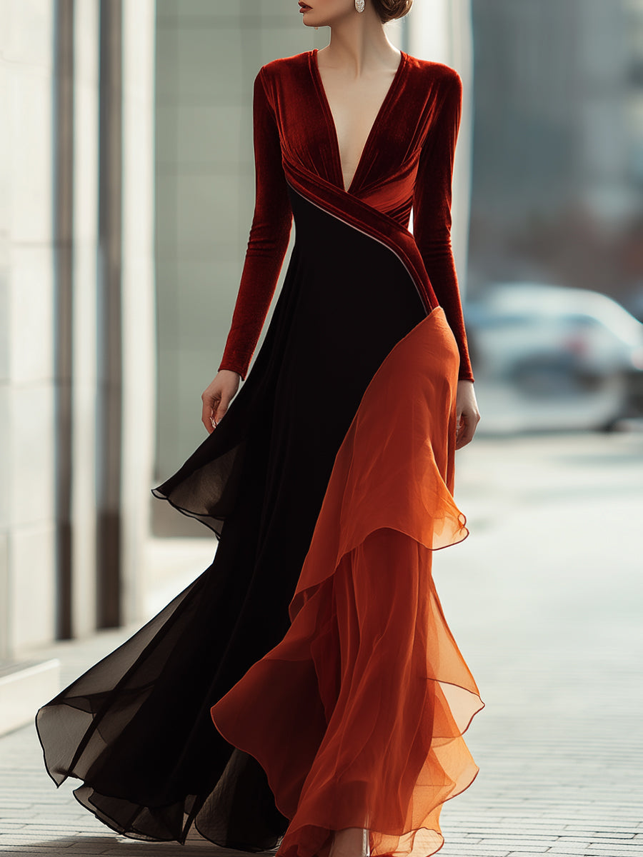 Velvet And Chiffon Panel Long Sleeve Evening Gown