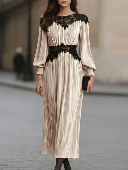 Pleated Velvet Dress With Black Lace Detail