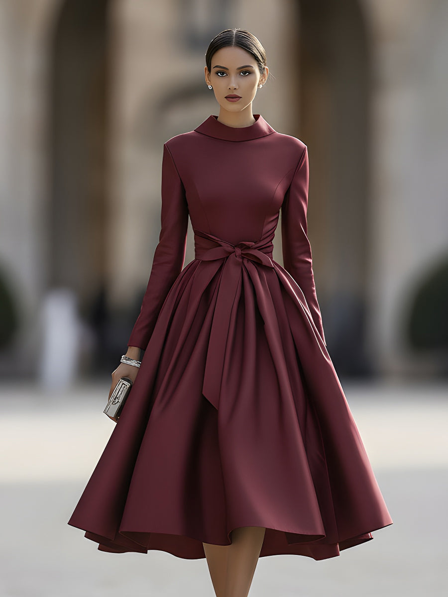 Burgundy High Neck Bow Detail Dress