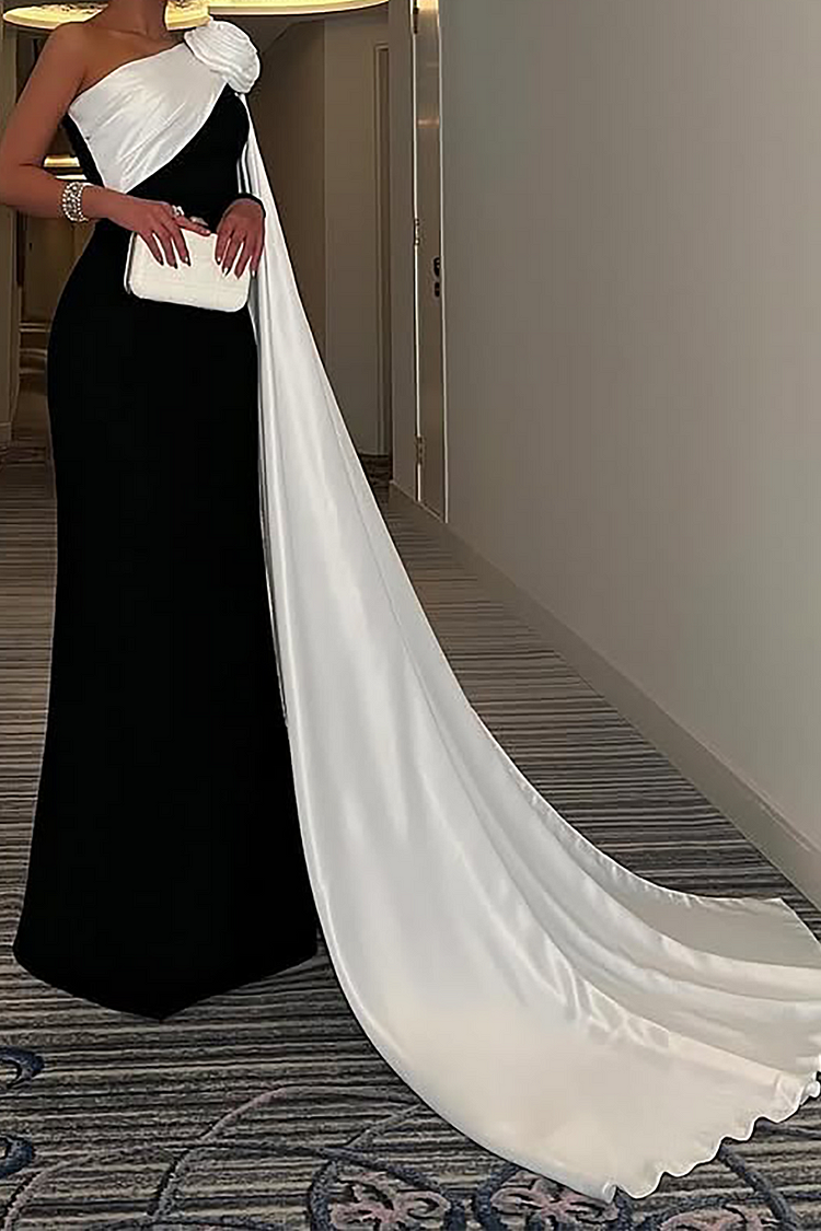 3D Flower Decor Skew Neck Colorblock Gowns Maxi Cape Dress