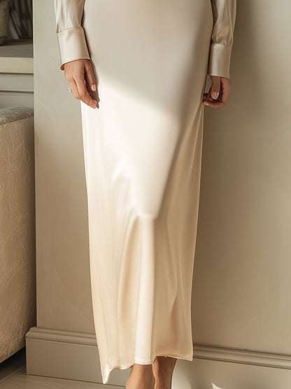 Apricot Grace Long-Sleeve Satin Gown