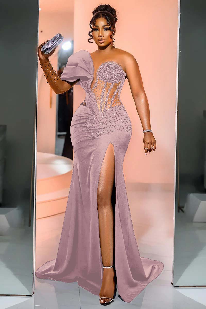 One Shoulder Long Sleeve Long Mermaid Prom Dress With Beading