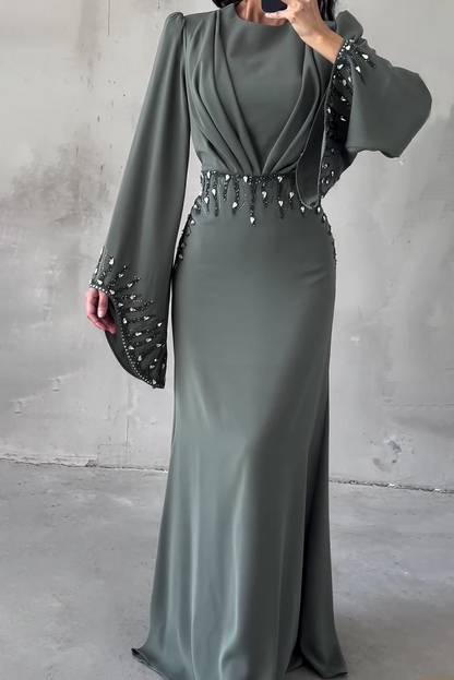 Hot Drilling Irregular Sleeve Pleated Party Maxi Dresses-Blue